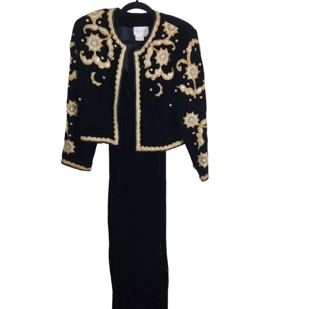 Vintage Alyce Designs Black Velvet Gold Beaded Maxi Dress And Jacket Size 16